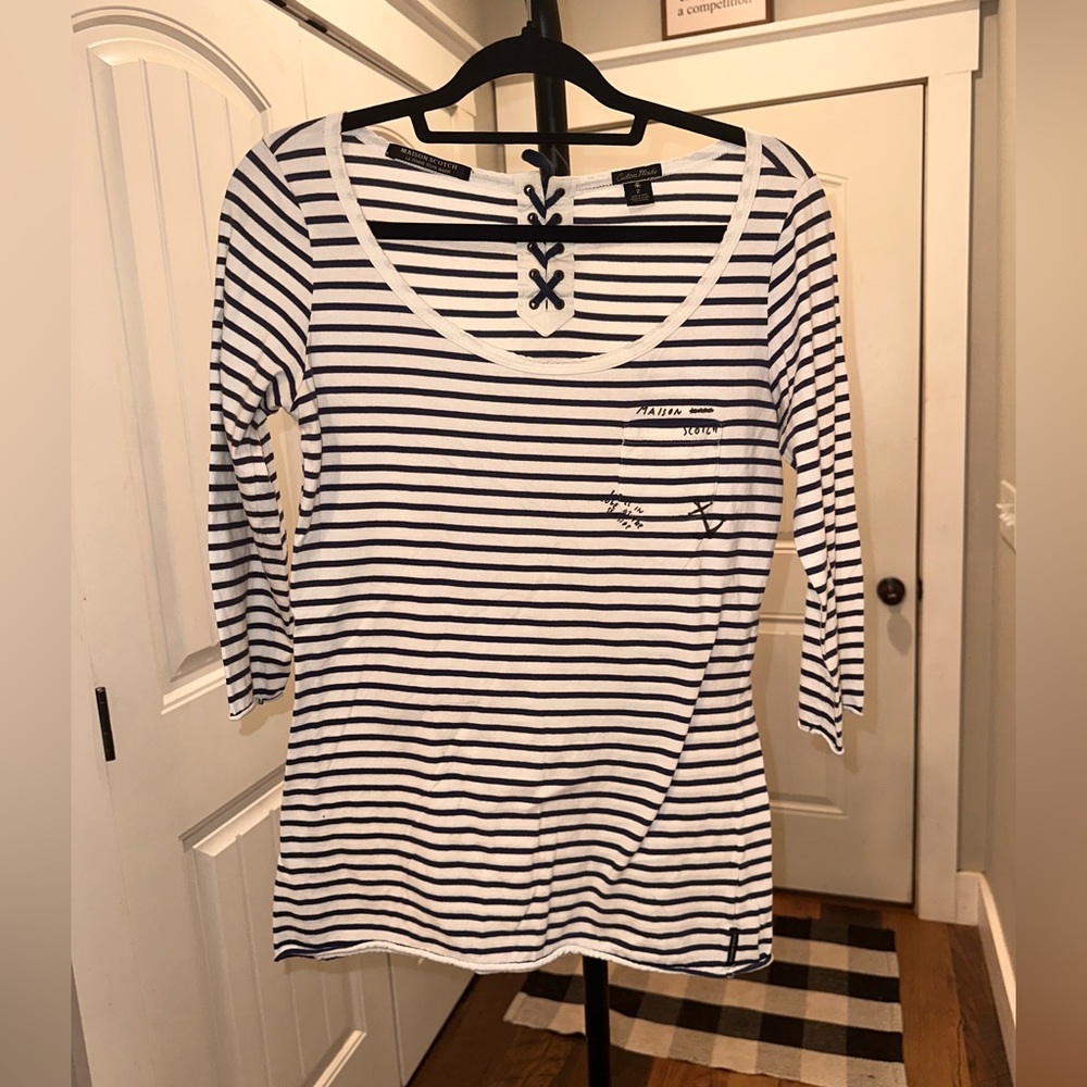 Maison Scotch & Soda Size 2 Women's Striped Top - Black and White Logo Tshirt - Picture 2 of 13